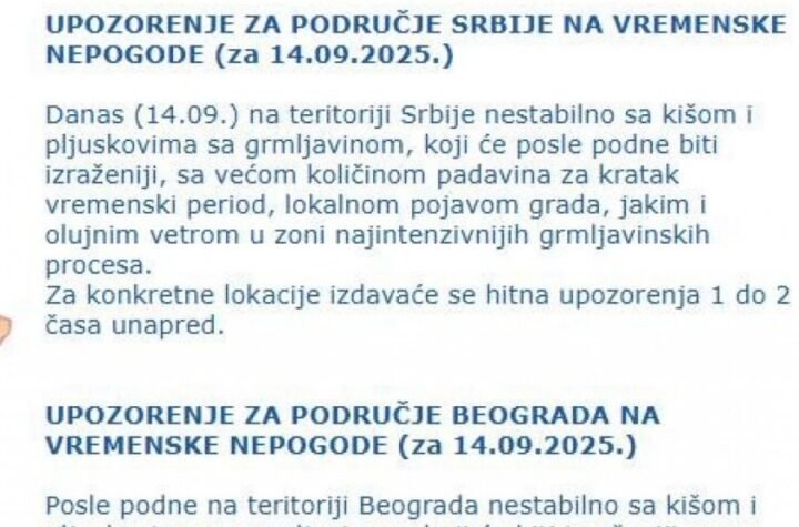 RHMZ NIŽE UPOZORENJA! DANAS NA UDARU I BEOGRAD! Pljuskovi, grmljavina, grad i olujni vetar!