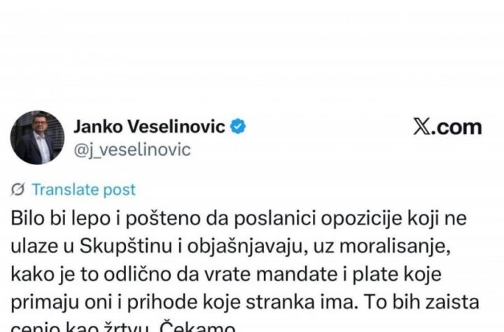 BILO BI POŠTENO KADA BI VRATILI I PLATE I MANDATE! Janko Veselinović oštro udario po poslanicima koji bojkotuju Skupštinu